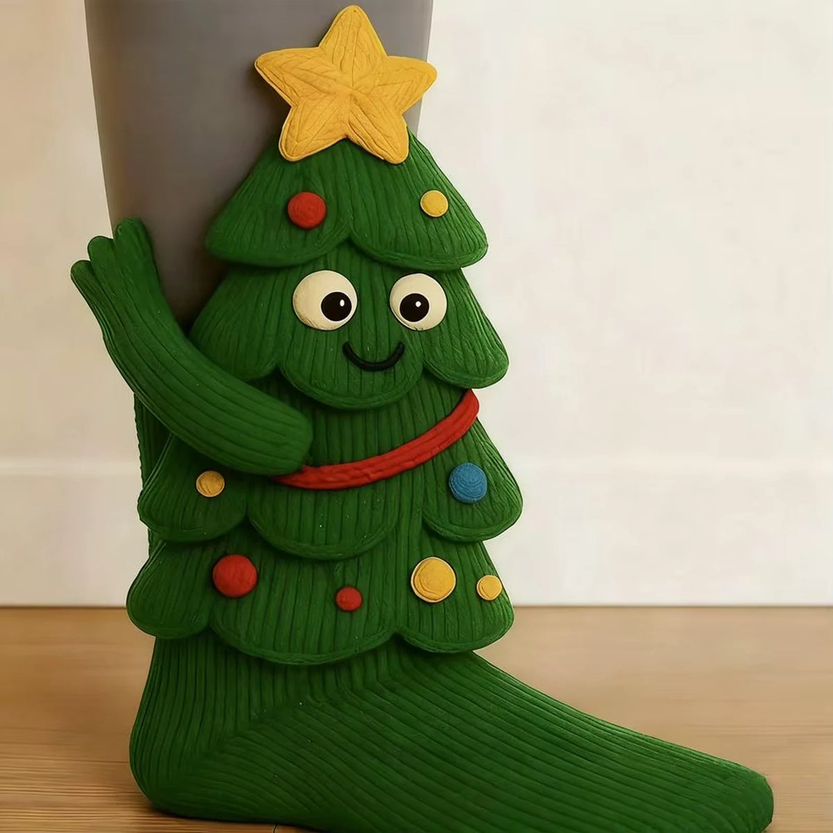 Noddy the Christmas Tree hand-knit cosy sock