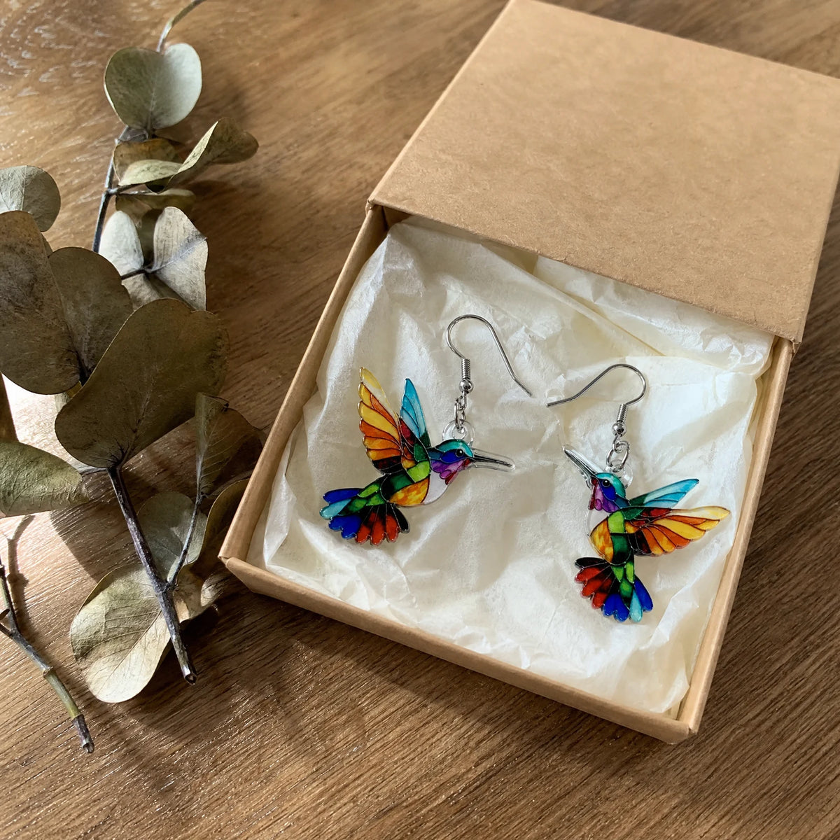 Hummingbird earrings in a kraft gift box