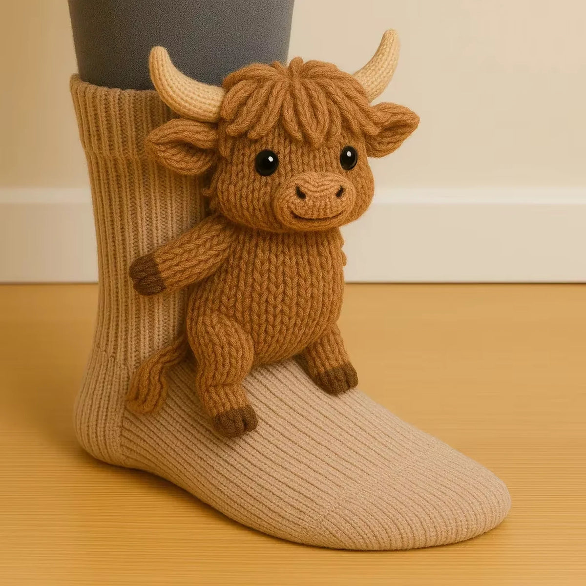 Maggie the Highland Cow hand-knit cosy sock