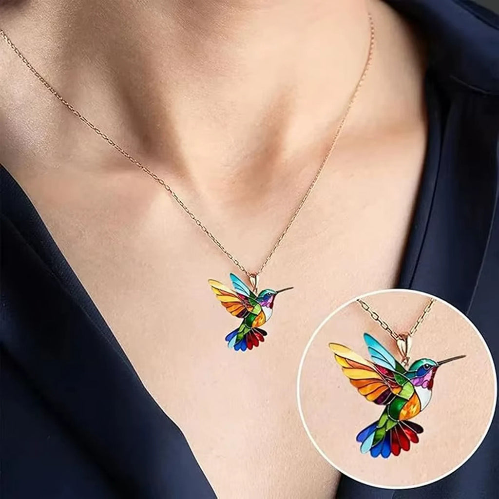 Hummingbird necklace worn on the neck