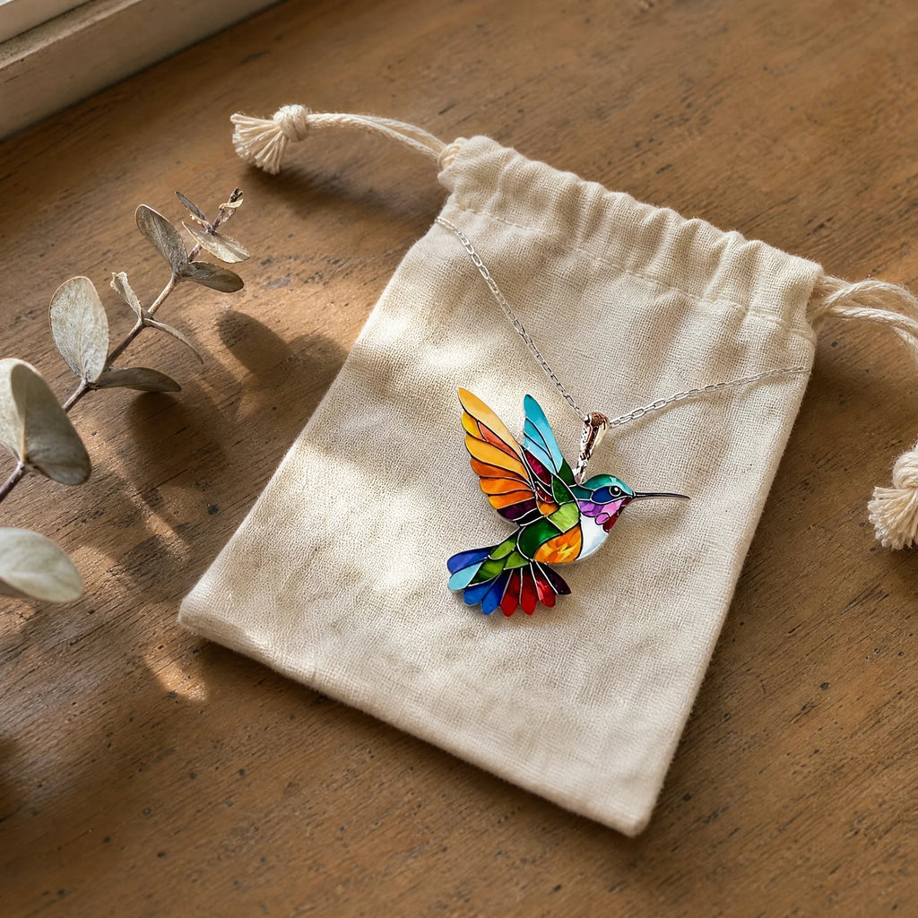 Hummingbird necklace in a cotton gift pouch