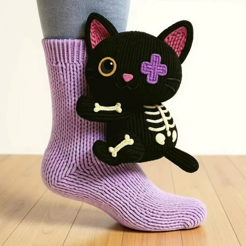 Bones the Cat hand-knit cosy sock