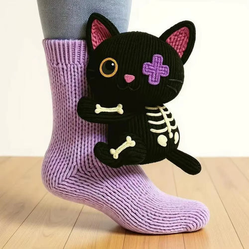 Bones the Cat hand-knit cosy sock