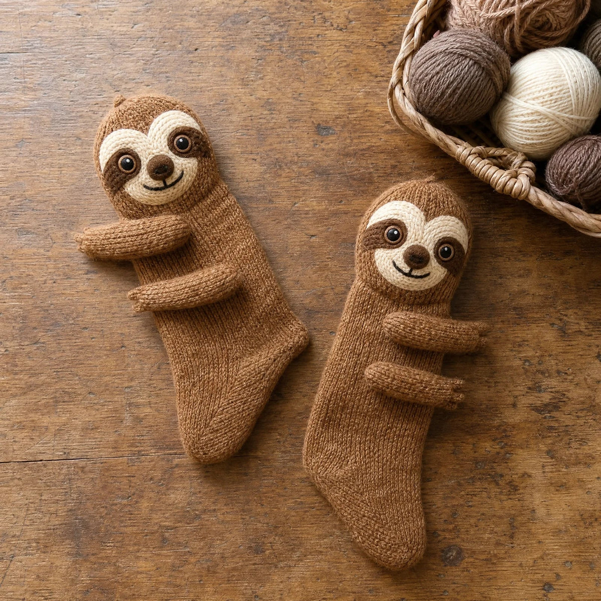 Cosy creature socks on a wooden table with yarn