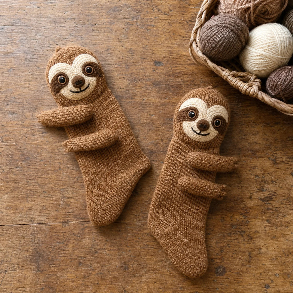 Cosy creature socks on a wooden table with yarn