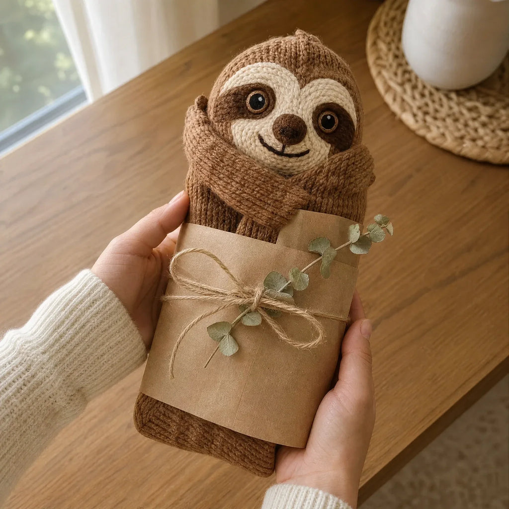 Cosy creature socks wrapped in kraft paper as a gift