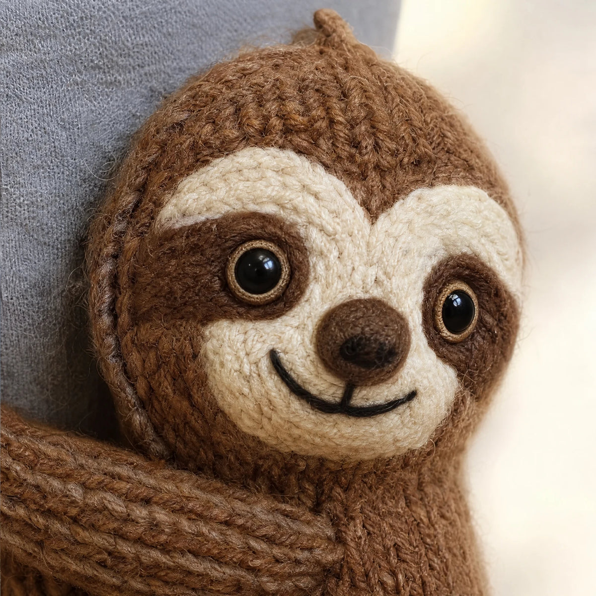 Close-up of the knitted sloth face