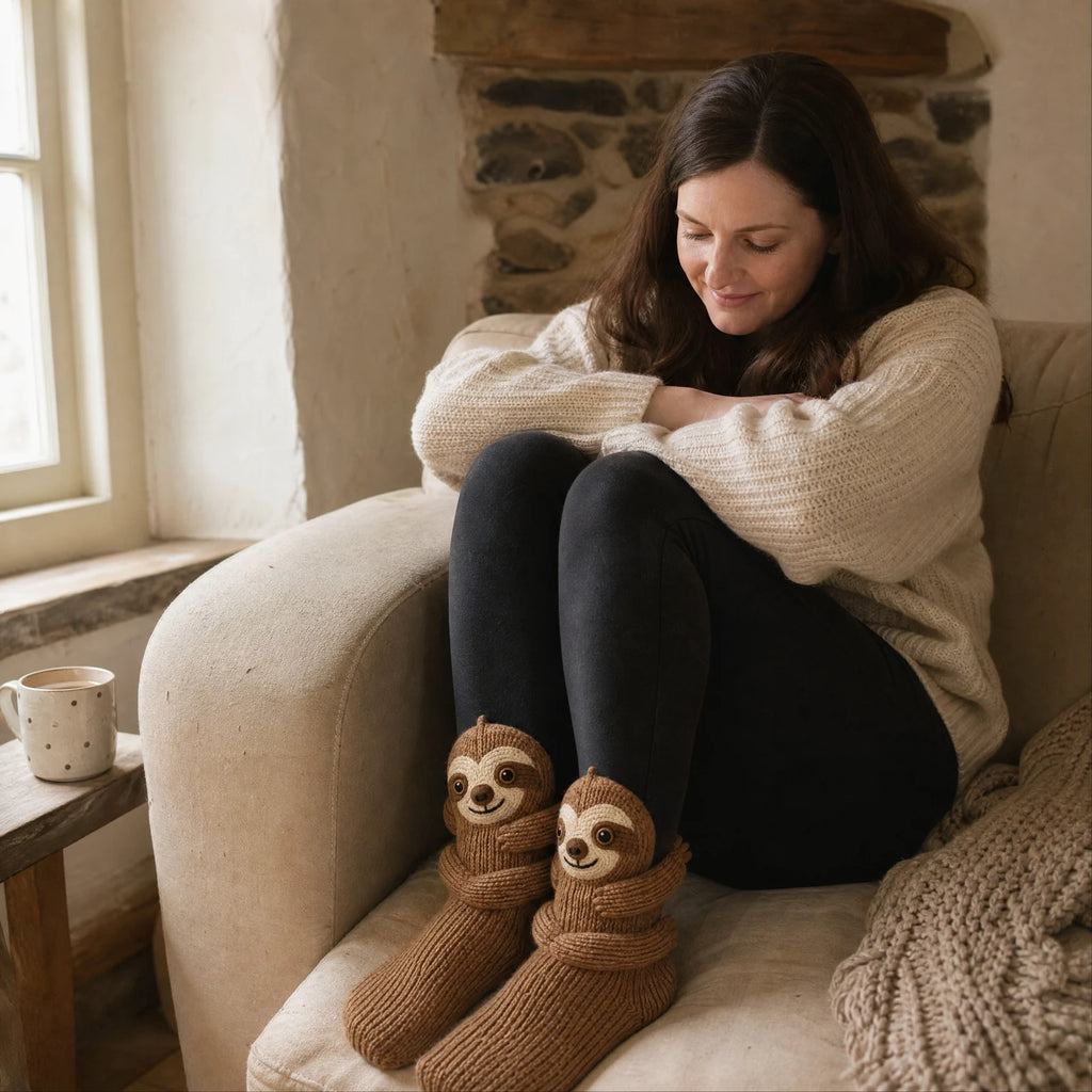 Sloth socks worn on a sofa